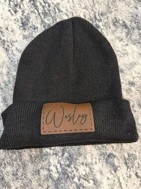 “Wesley” Black Knit Beanie with Brown Leather Patch